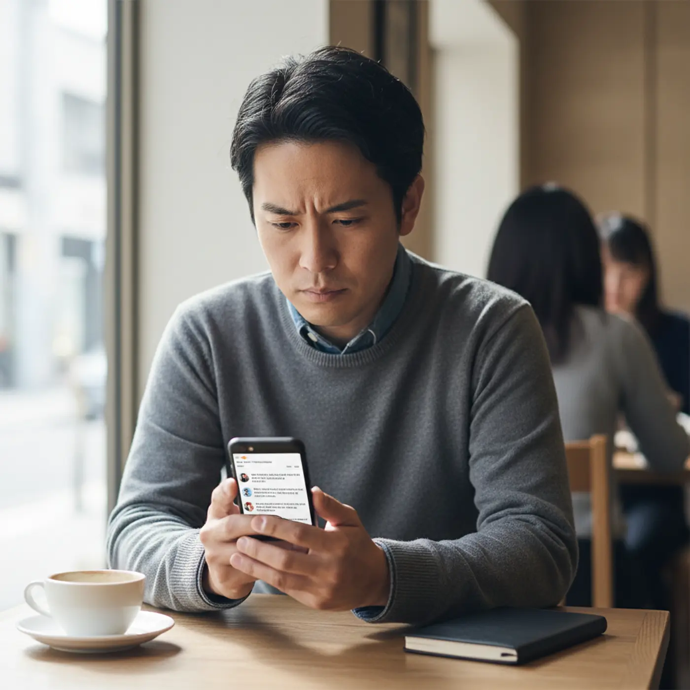 復縁の確率について悩む人が、知恵袋の相談を見ながらスマートフォンの画面を真剣に見つめている様子。希望的観測ではなく、客観的な現実と向き合うことの重要性を示唆している。