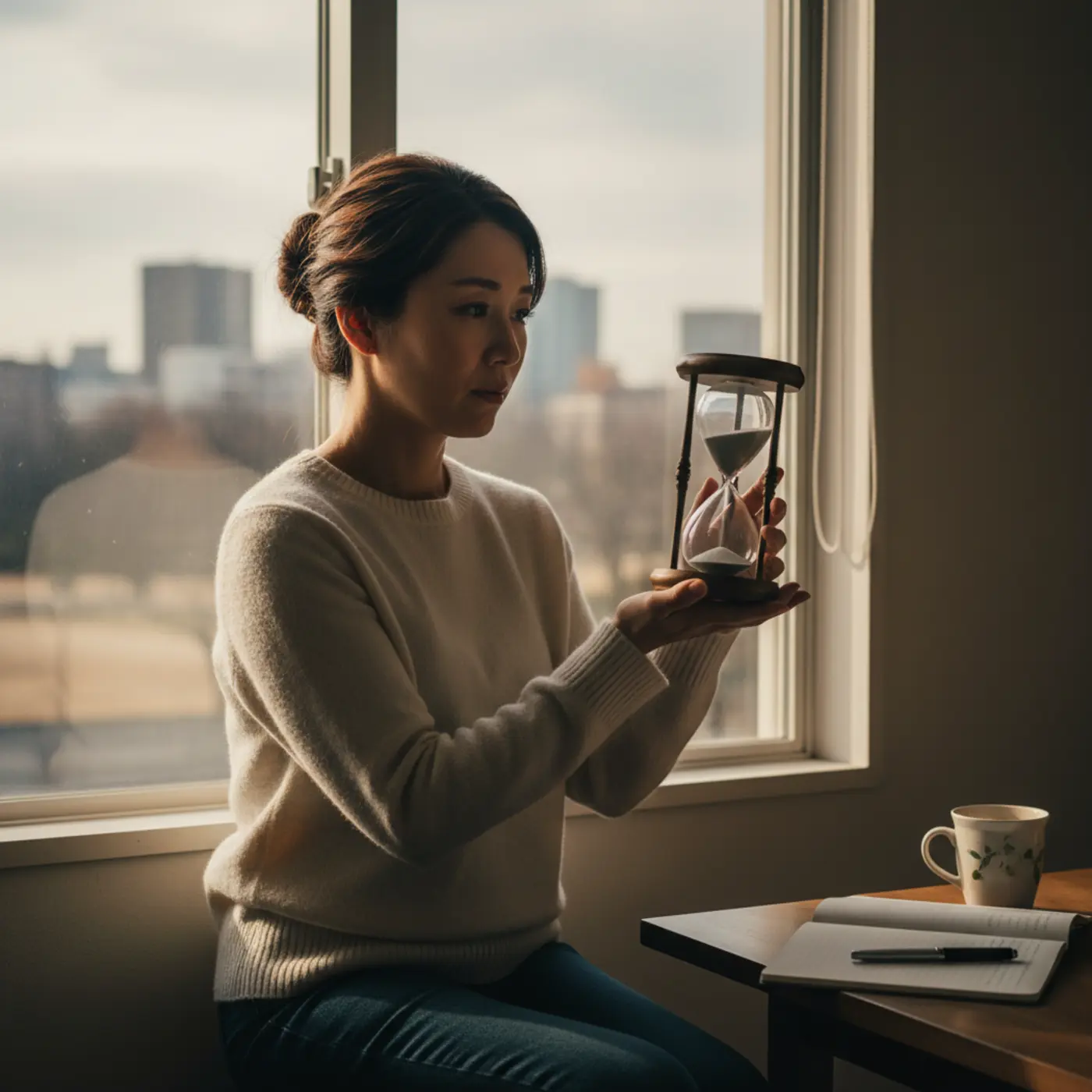 別れた恋人との復縁を願い、砂時計を見つめながら最適な冷却期間のタイミングを計っている女性。二人の未来のために、不安と向き合っている様子。