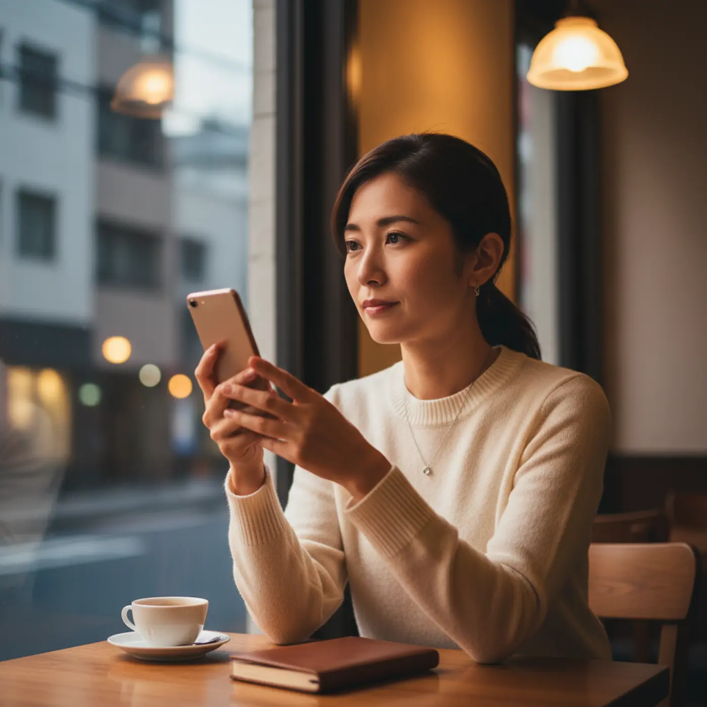 復縁の最適なタイミングを見計らい、スマートフォンを手に物思いにふける女性。焦らずに相手の心の準備が整うのを待つ戦略が成功の鍵。