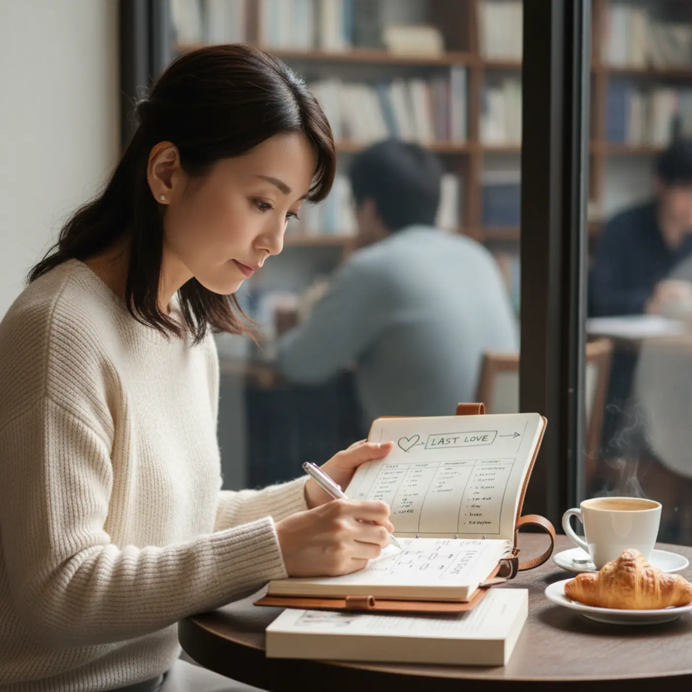 復縁を「最後の恋」にするためのアクションプランをノートに書き出す人物。過去の関係を見つめ直し、建設的な未来を築くための具体的なステップを真剣に考えている様子。