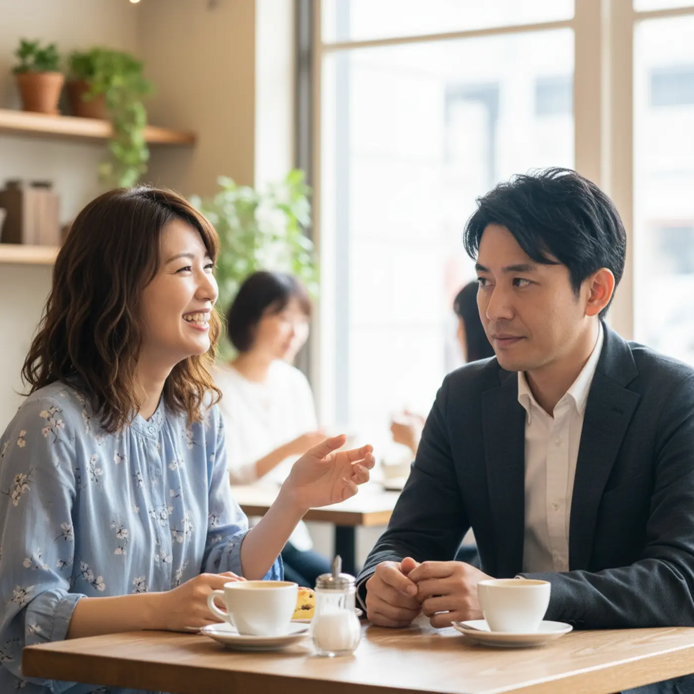カフェで楽しそうに話す男女。復縁をかけたデートで、男性が相手の女性の笑顔を見ながら、告白に最適なタイミングを真剣にうかがっている様子。