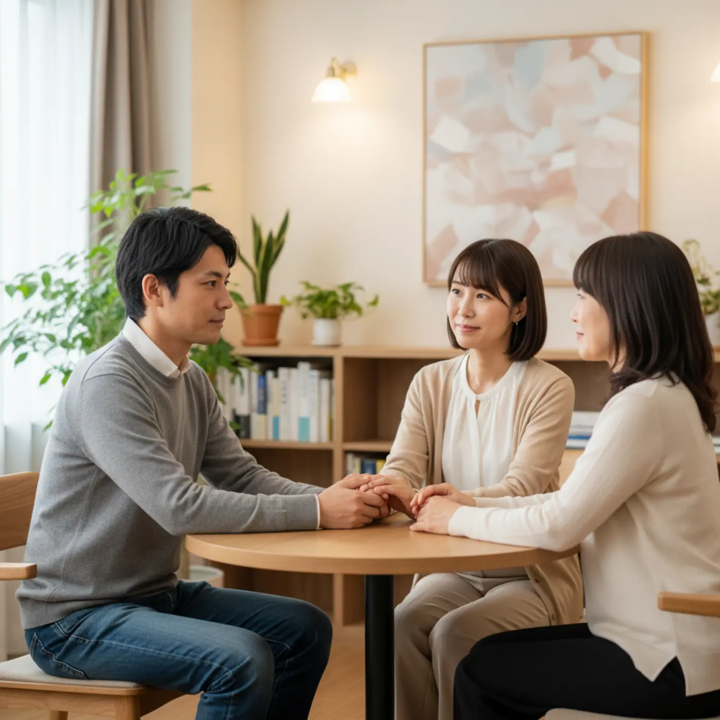 復縁で悩むカップルが、カウンセラーに恋愛相談をしている。二人だけの話し合いでは感情的になってしまうため、第三者の客観的なアドバイスを求めて関係修復を目指している様子。