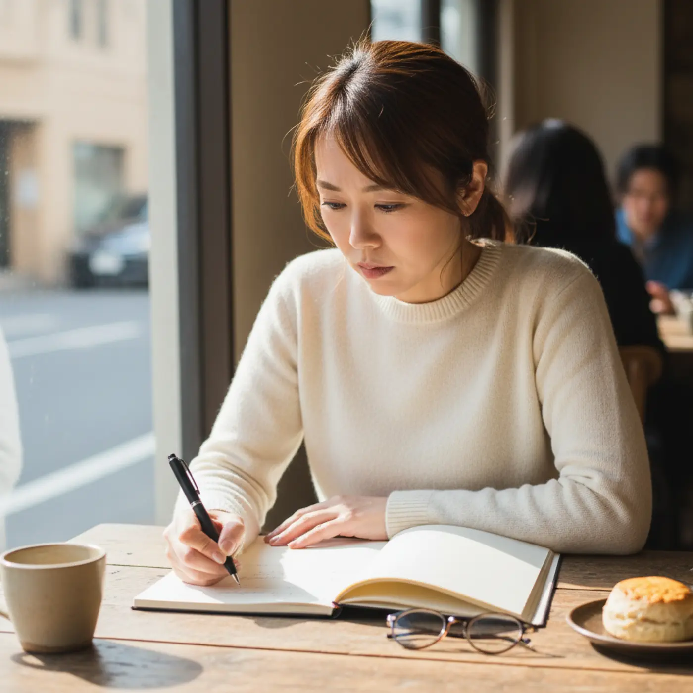カフェでノートを広げ、真剣な表情でペンを走らせる女性。恋人との復縁のため、喧嘩やマンネリといった別れの原因を分析し、自分の改善点を書き出している様子。