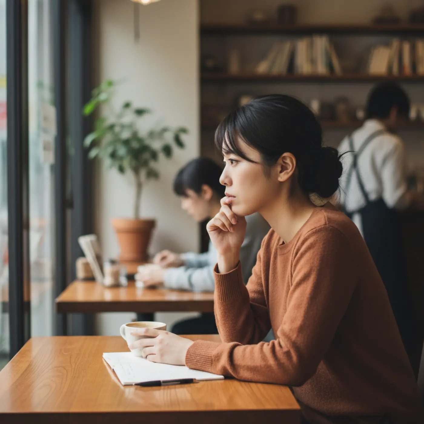 「復縁は無理」と恋人から言われ、カフェで一人、深く考え込む人物の横顔。相手の言葉の裏にある本音や心理を読み解き、関係修復の可能性を探っている様子。