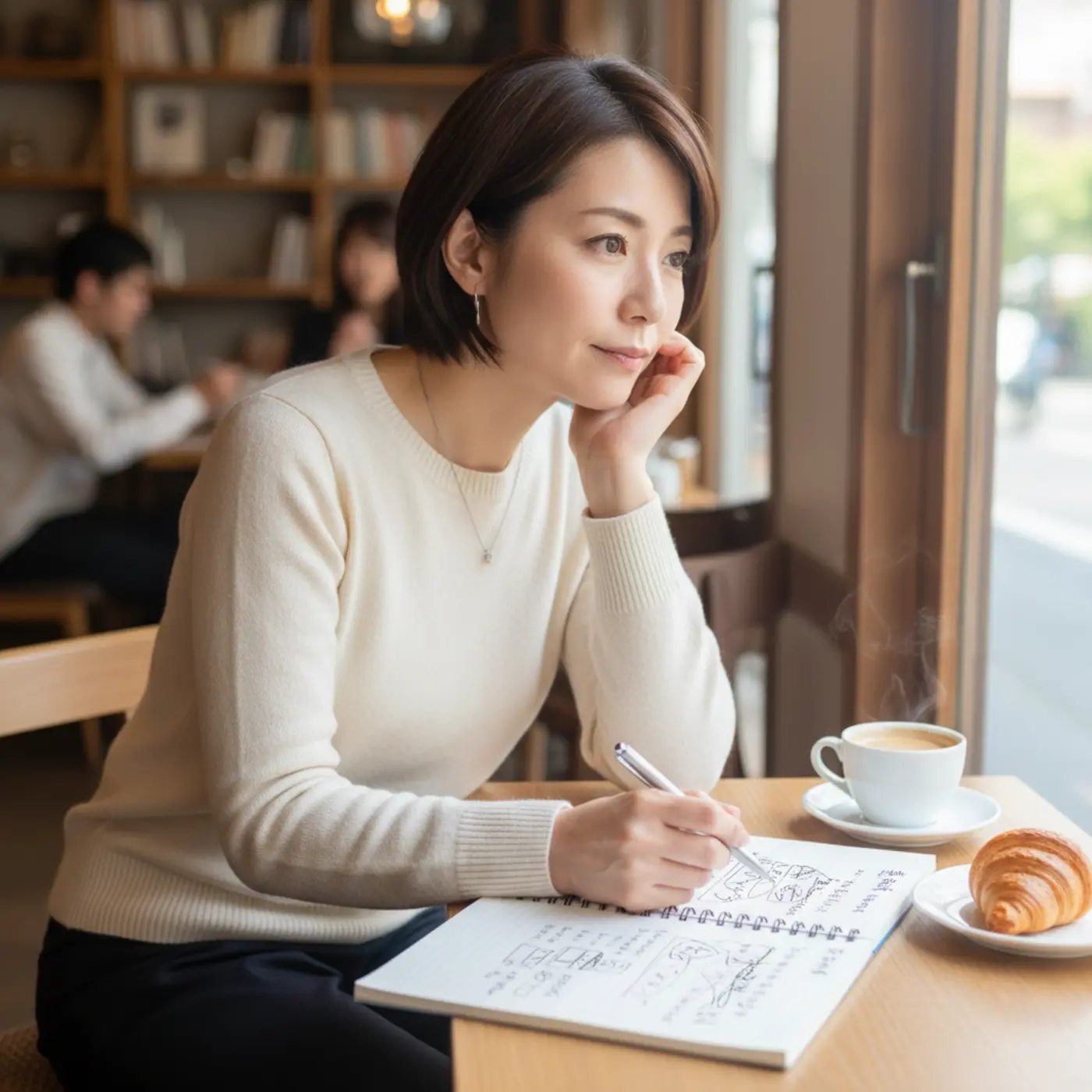 復縁の告白を成功させるため、冷却期間中にカフェでノートに自分磨きの計画を立てる女性。過去の自分から成長した姿をアピールするための準備をしている様子。