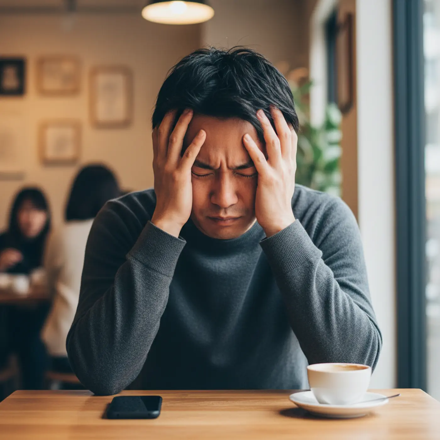 共通の友人を通じて元恋人の情報を探っていることがバレてしまい、頭を抱える人物のイラスト。復縁の可能性を遠ざける心理的リアクタンスのリスクを表現。