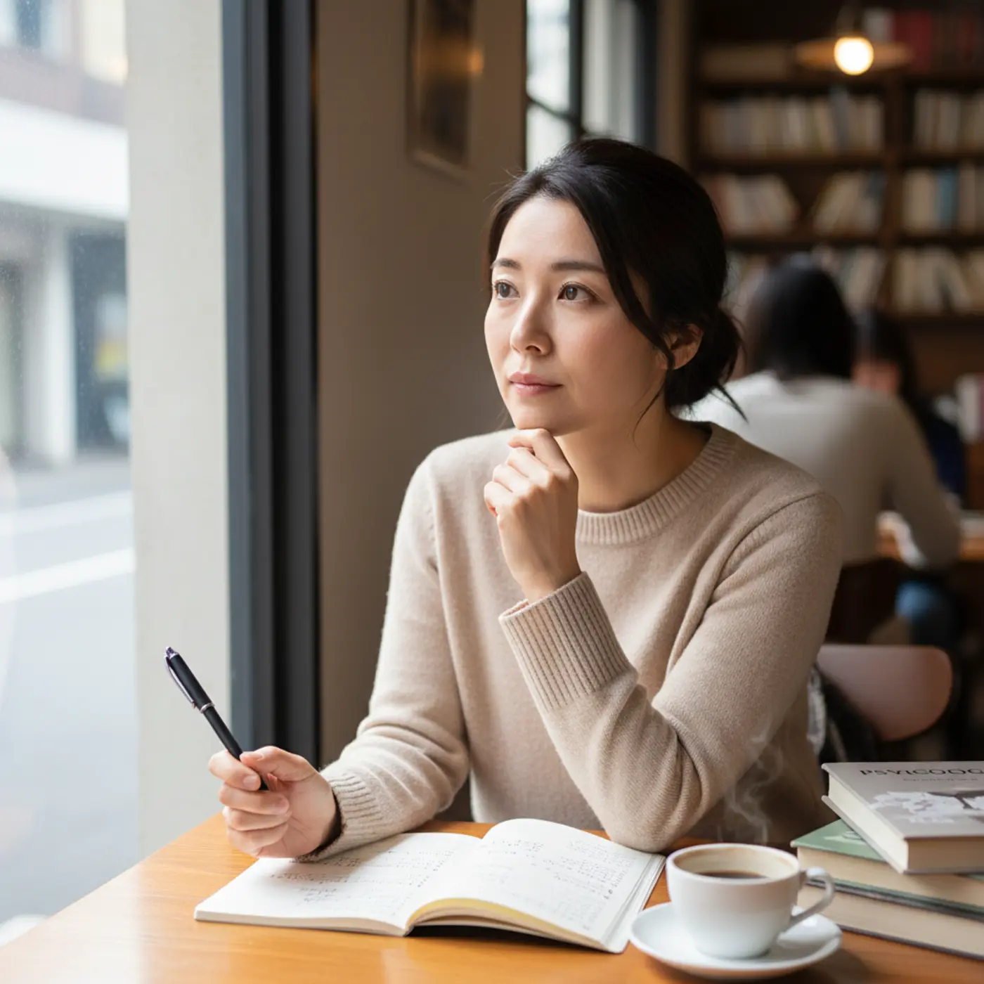 復縁を成功させるため、別れた原因をノートに書き出して自己分析する女性。相手の気持ちを理解する心理学テクニックについて考えている様子。