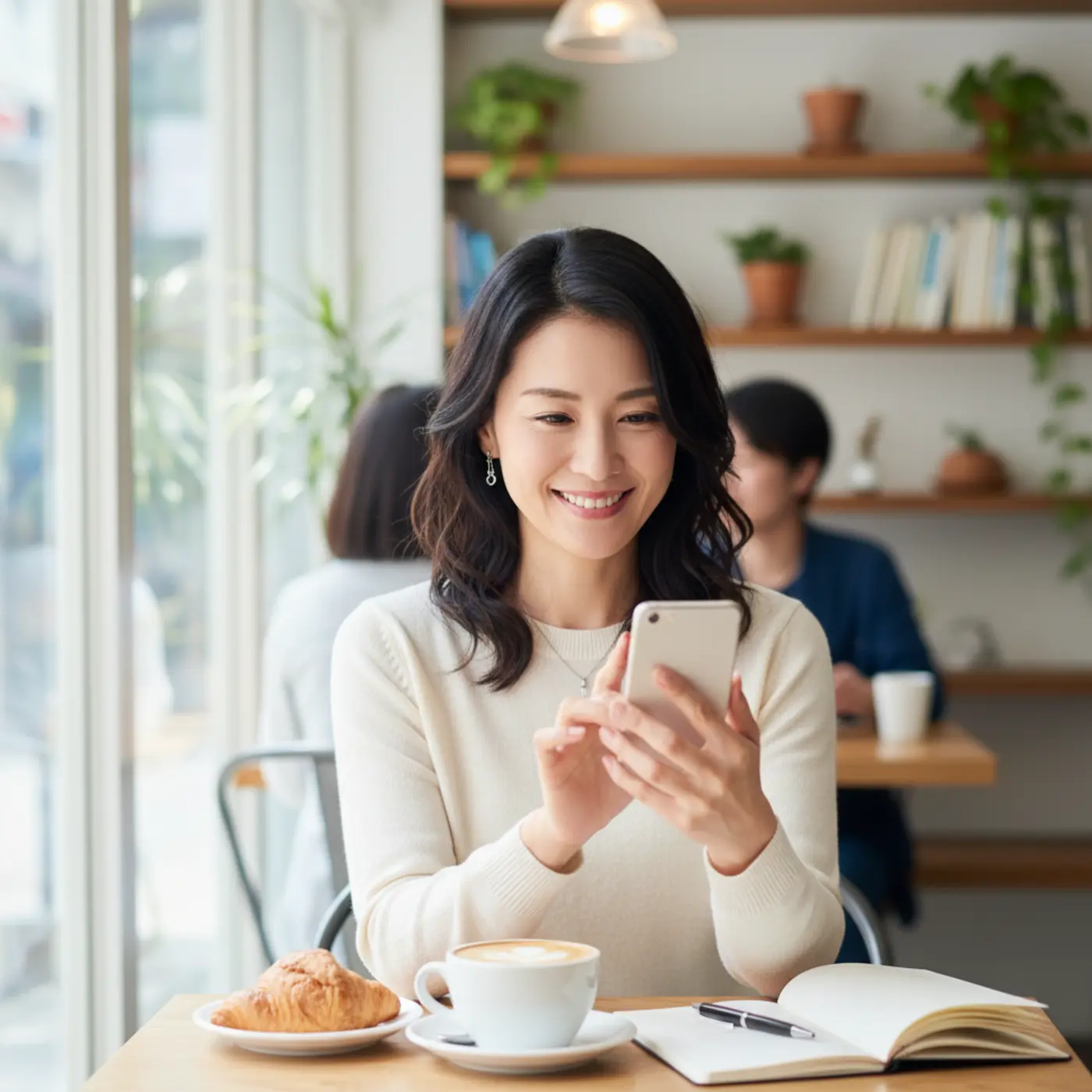 復縁を目指して自分磨きに励む女性が、カフェで自信に満ちた笑顔でスマートフォンを眺めている。充実した毎日をSNSで発信し、精神的な自立をアピールしている。