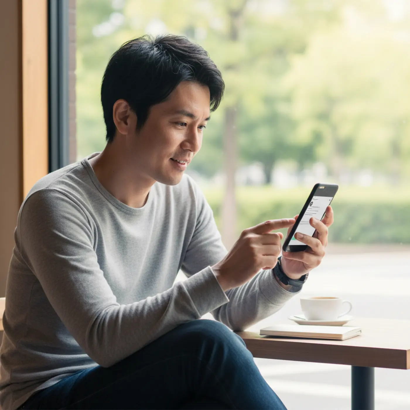 スマホのLINEメッセージを見て、元カノからの復縁の脈ありサインではないかと考える男性。冷却期間後の相手の態度の変化に、復縁の可能性を感じて少し期待している様子。