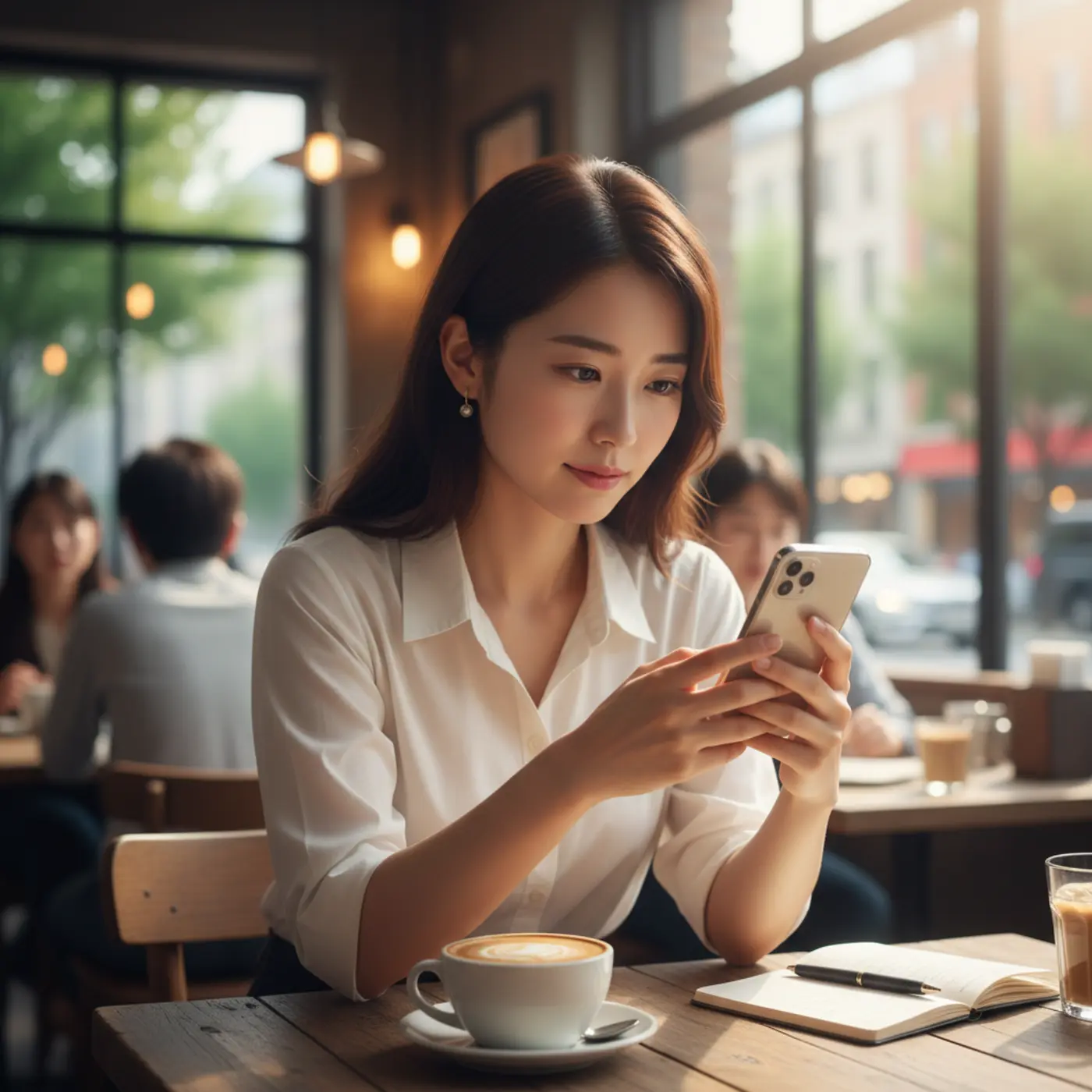 カフェでスマホを見ながら、元彼からの連絡に期待する女性。LINEの返信やSNSのいいねに、復縁の可能性を示す脈ありサインがないかチェックしている様子。