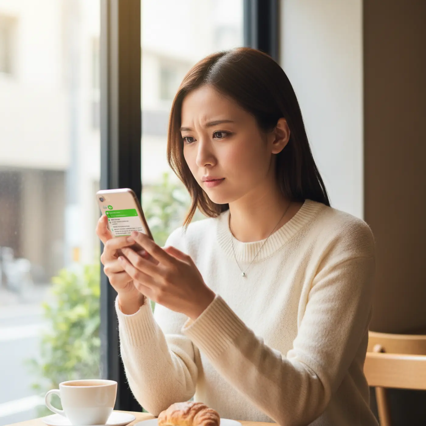 スマートフォンを手に、元恋人との復縁の可能性について考える女性。相手から届いたLINEのメッセージに隠された脈ありサインを見つけようと真剣な表情を浮かべている。