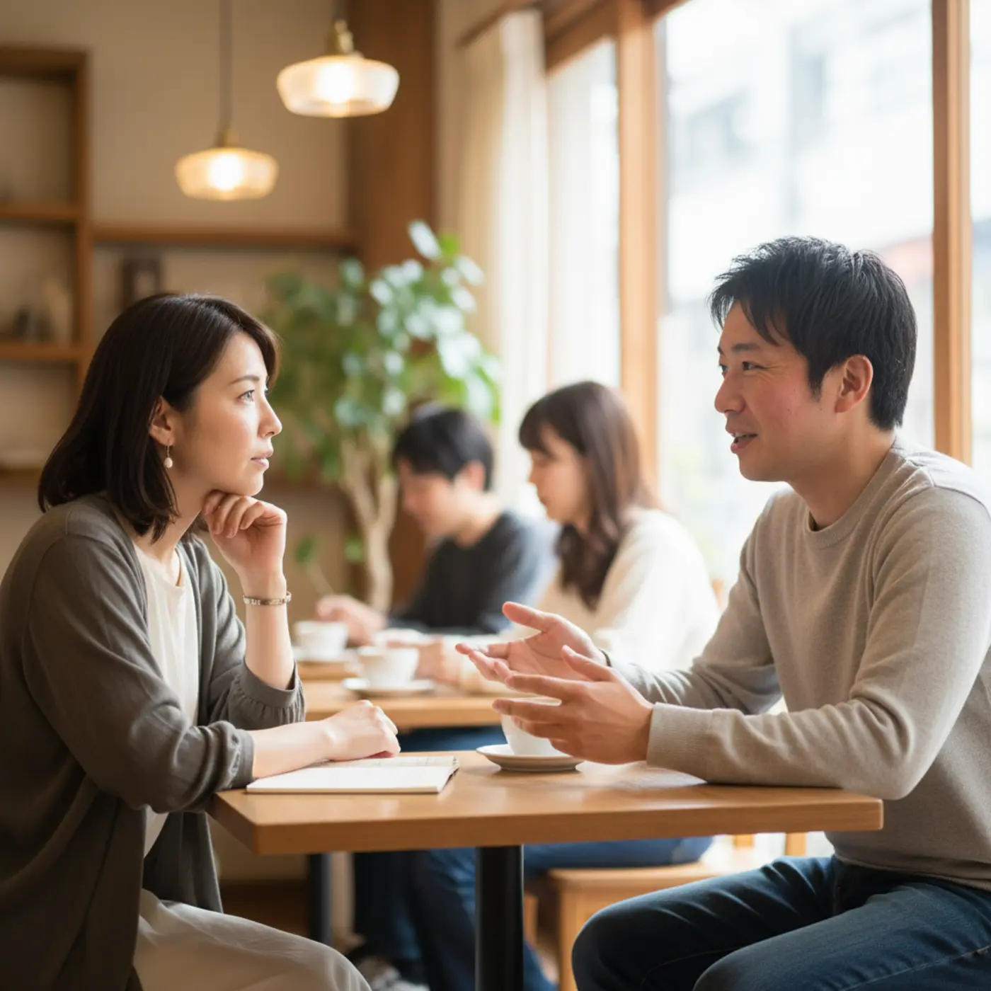 彼からの「脈ありサイン」を見逃さないよう、カフェで男性の行動や態度に注目する女性。恋愛の悩みを解決するヒントになる画像。