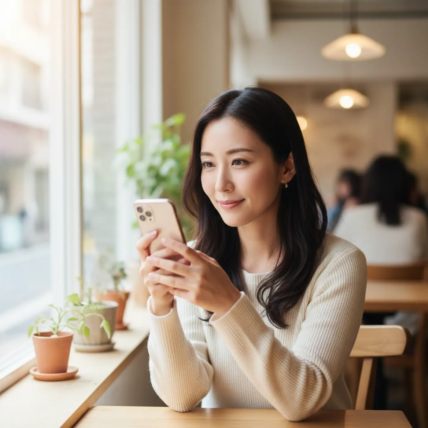 別れた恋人との復縁を望む女性が、スマートフォンに届いた連絡を見て、復縁の前兆かもしれないと期待している様子。再接近のタイミングを計っている。