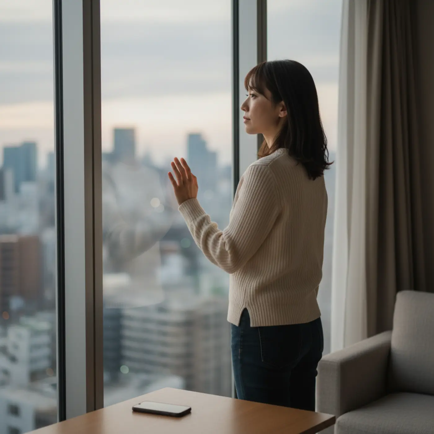 復縁を諦めるべきか悩む女性が窓の外を眺めている。相手からの脈なしサインを受け止め、自分の幸せのために新しい一歩を踏み出す決意を象徴する。