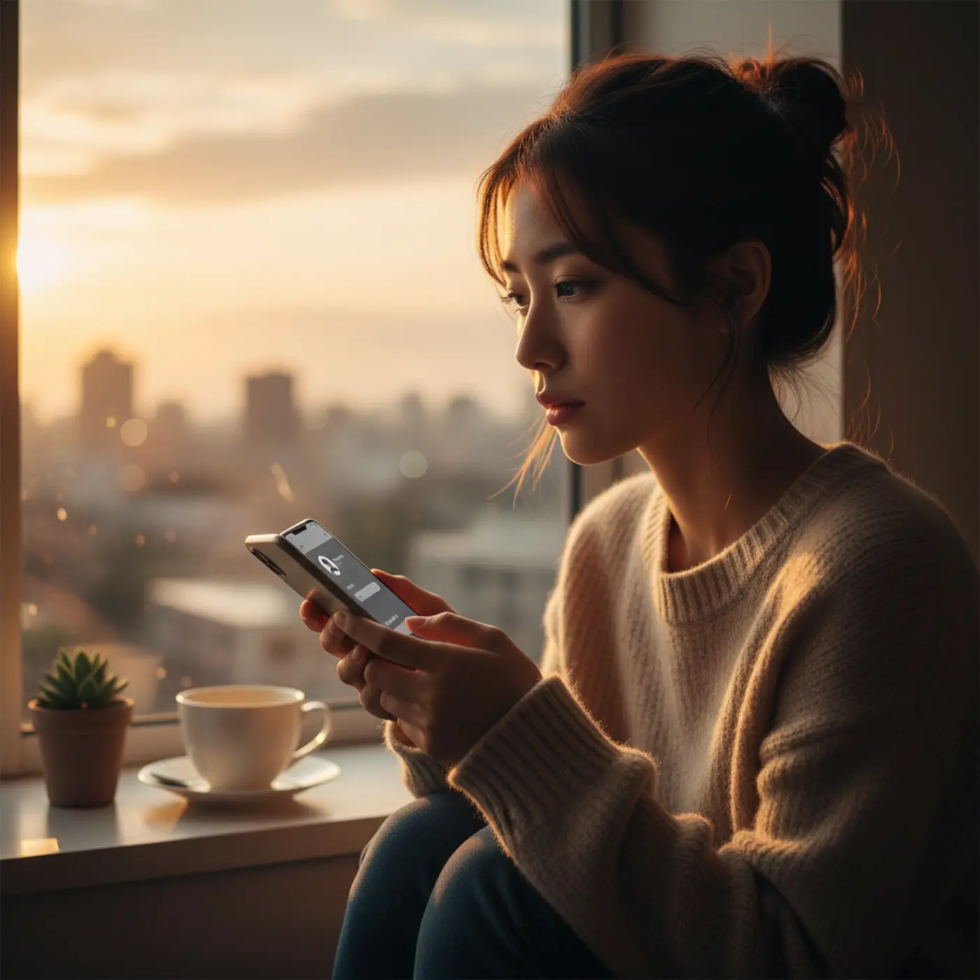 夕暮れの窓辺で物思いにふける女性。恋愛で「諦めるべきか」と悩む人に向けて、LINEブロックなどの具体的な状況から引き際を見極めるための判断基準を解説するイメージ画像。