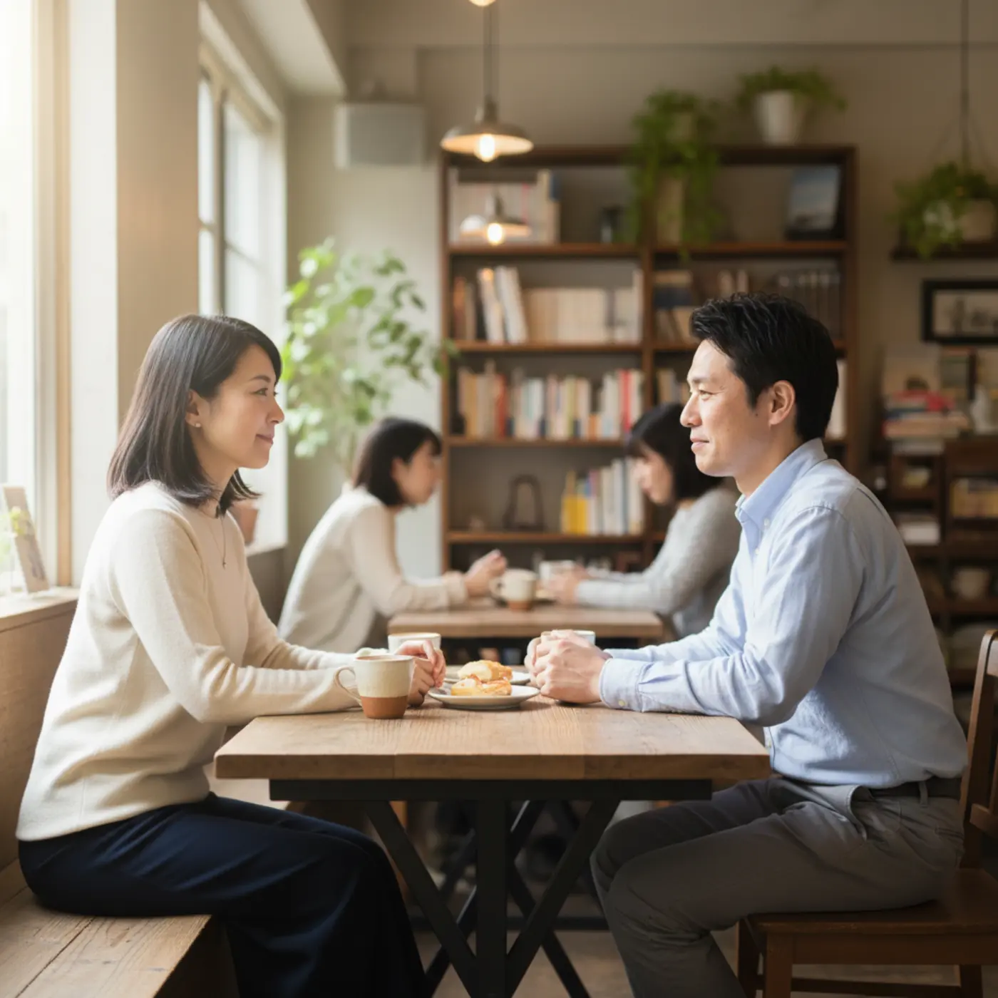 別れてから1年が経過した元カップルがカフェで再会し、未来について穏やかに話し合っている様子。冷却期間を経て、慎重に復縁へのステップを踏み出す重要性を象徴する画像。