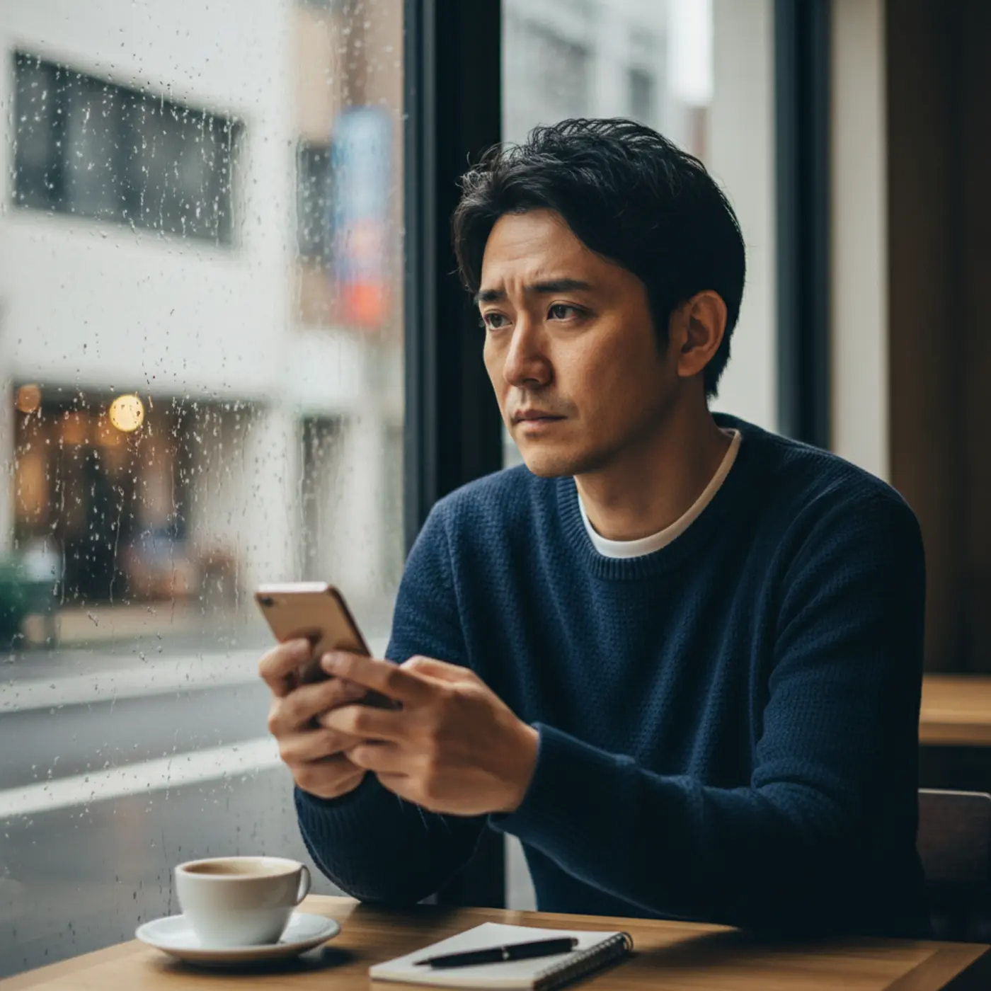 別れた元カノとの復縁を願い、スマートフォンを手に物思いにふける男性。冷却期間の重要性や、復縁を成功させるための具体的なステップを解説する記事のイメージ画像。
