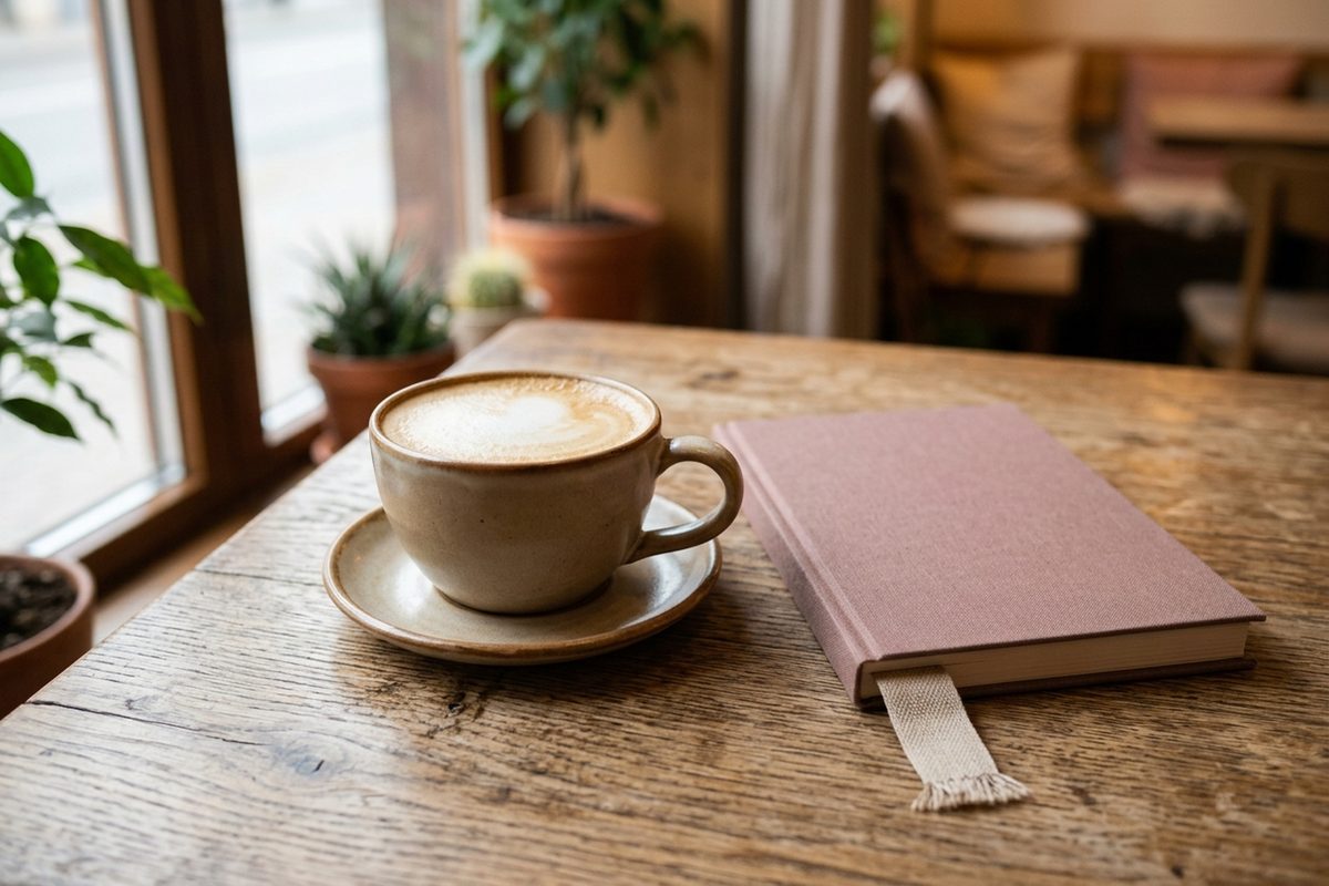 静かなカフェのテーブルに陶器のカップと閉じたノート