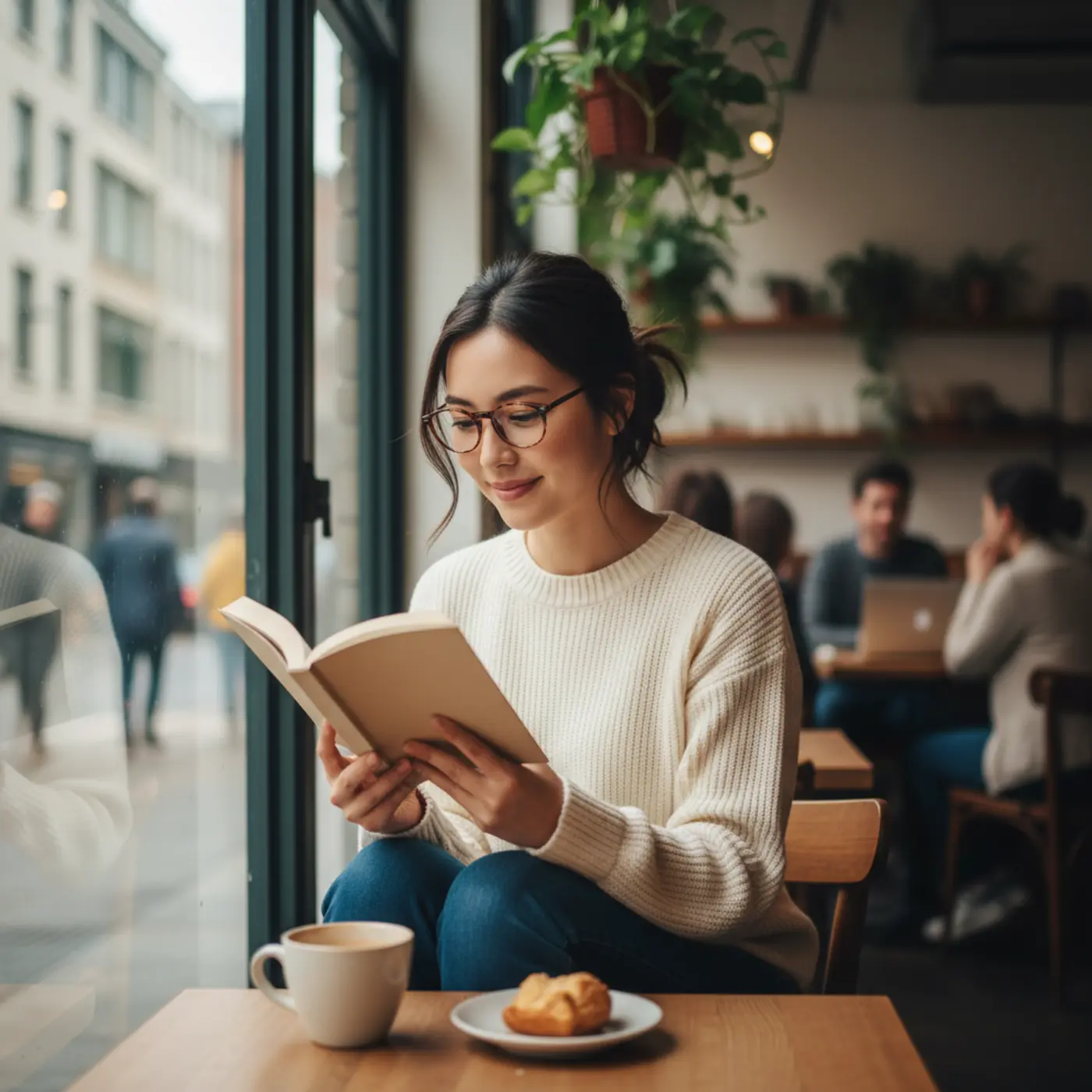 復縁に向けた自分磨きとして、カフェで趣味の読書に没頭し笑顔を取り戻した女性。冷却期間に精神的な自立をすることで、相手にとって再び魅力的な存在になるための戦略的な準備をしている様子。