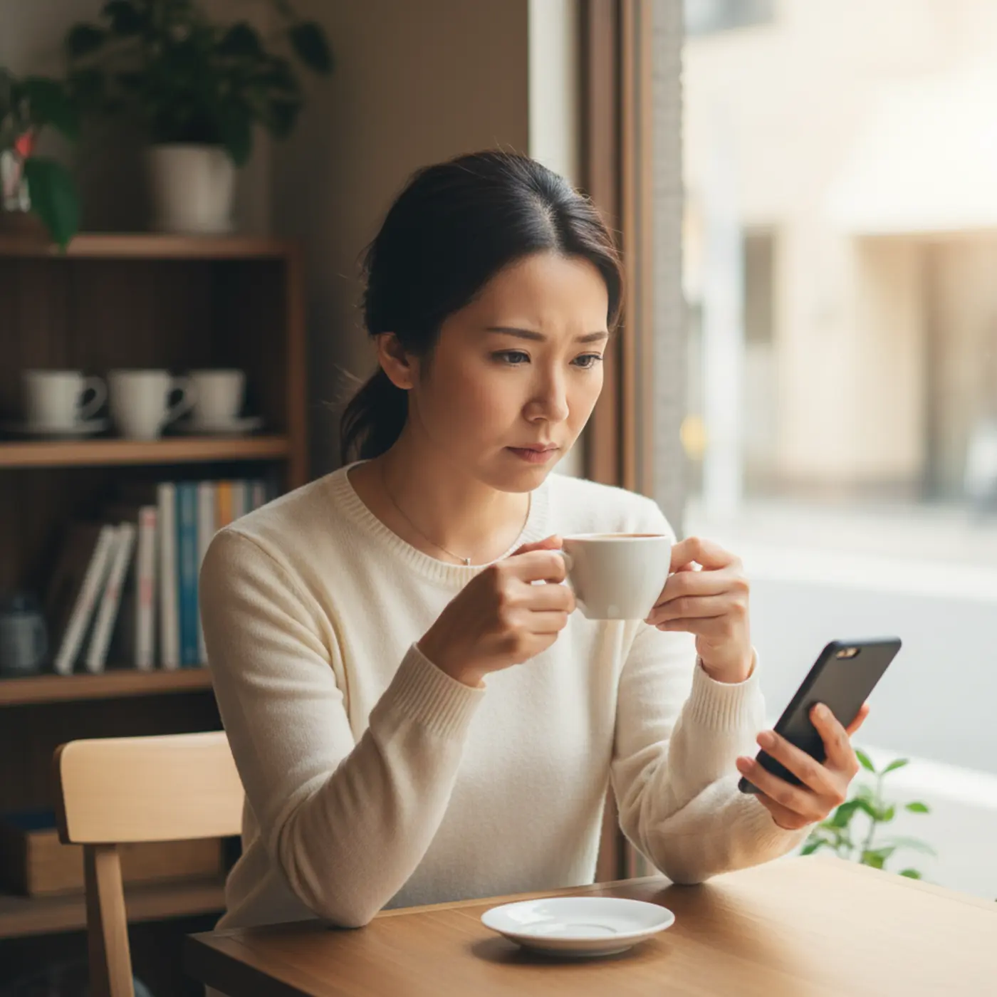 元彼との復縁を考えている女性がカフェで真剣な表情で座っている。女性からの復縁告白を成功させるタイミングや、男性心理を動かすセリフを解説するためのイメージ画像。