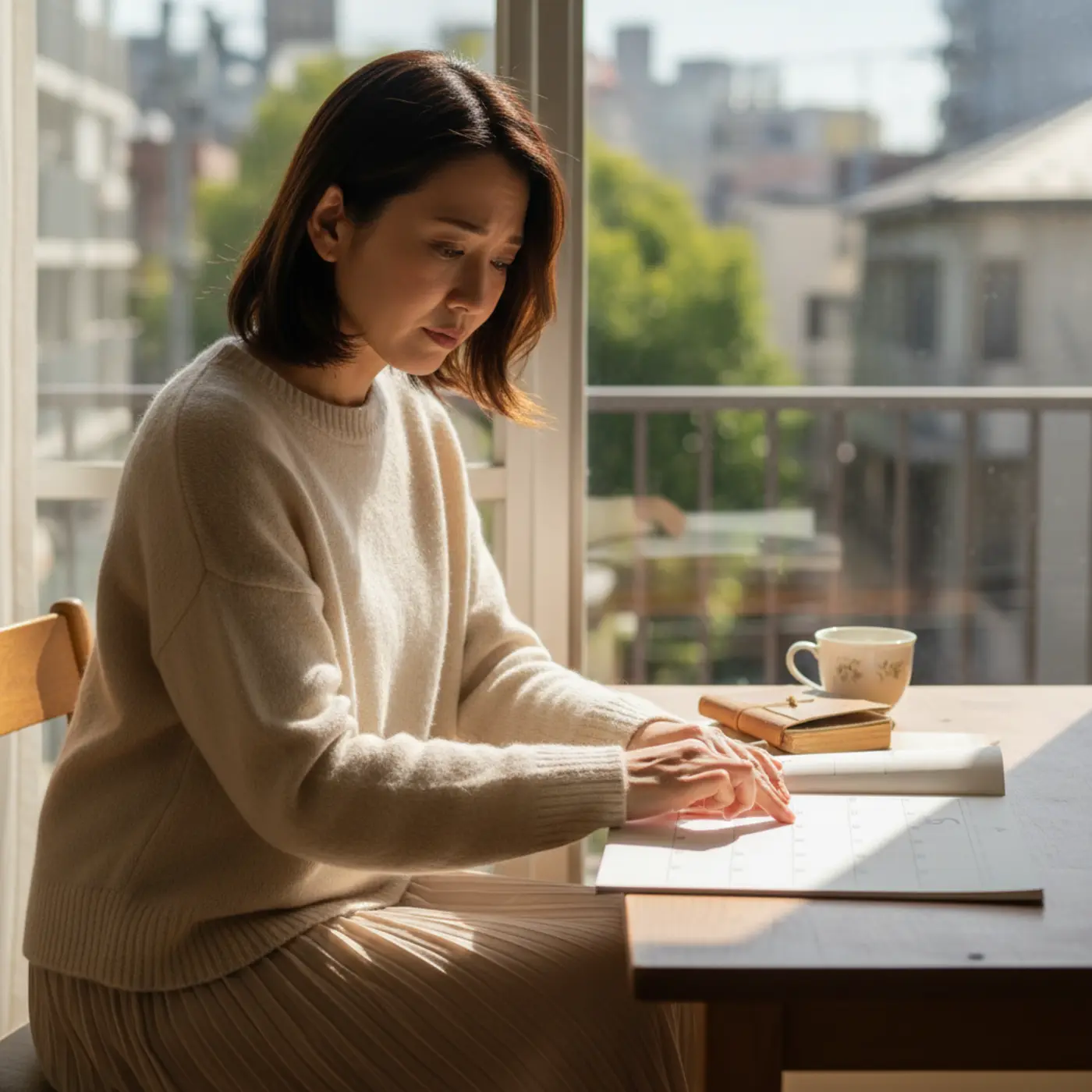 自分が振った相手との復縁を考え、最適な冷却期間はいつかとカレンダーを見ながら思い悩む人物のイラスト。後悔と期待が入り混じった複雑な表情をしている。