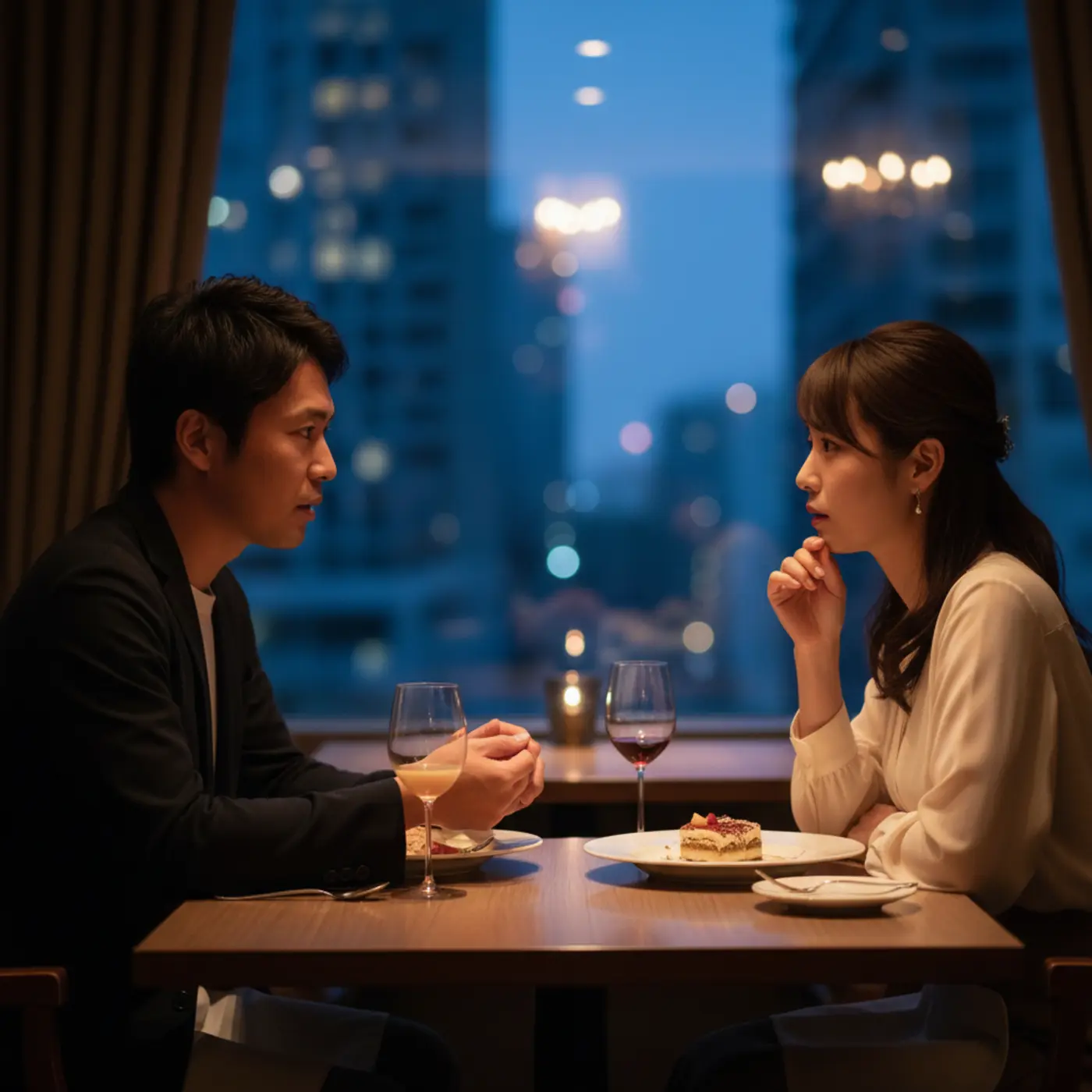 レストランで3回目のデートに臨む男女。復縁の告白を成功させるため、男性が真剣な表情で女性に結婚を前提とした想いを伝えるタイミングのイメージ。