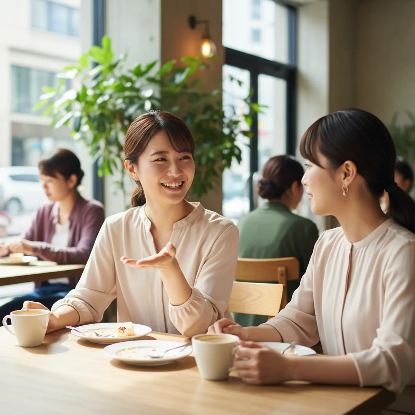 恋愛相談で悩む女性が友人に話を聞いてもらい、気持ちが晴れている様子。復縁や片思いには、友人や占い師など第三者からの客観的なアドバイスが有効であることを示す画像です。