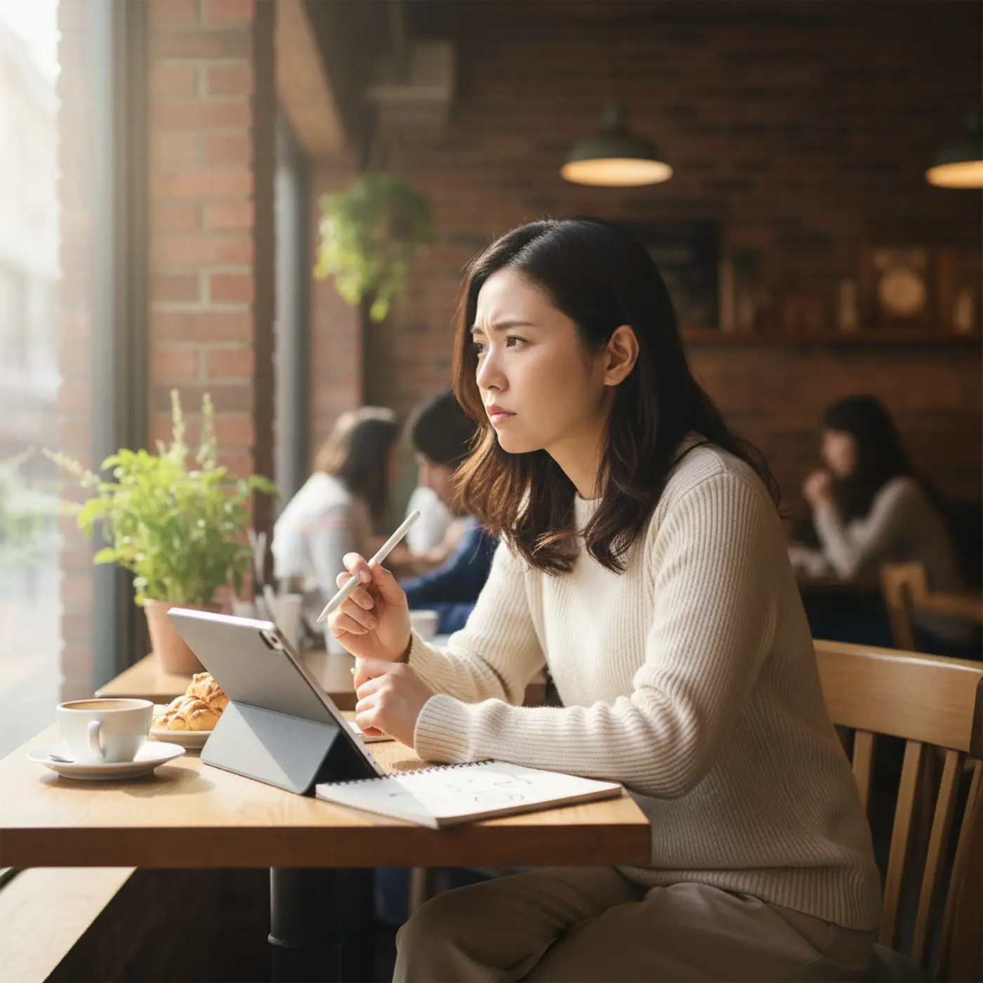 元カレとの3回目の復縁についてカフェで一人悩む女性。過去の失敗を繰り返さないためのNG行動を考え、関係を続けるべきか別れるべきかの岐路に立っている様子。