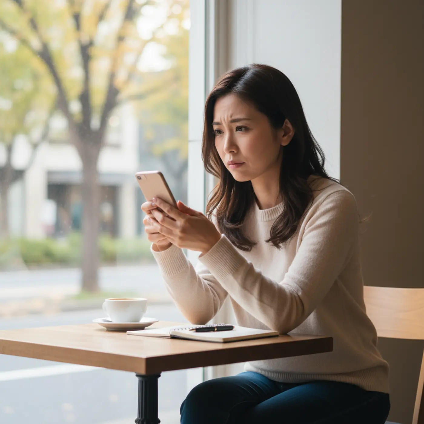元カレ・元カノとの復縁を願い、連絡するタイミングに悩む人物がスマートフォンを見つめている。冷却期間を経て、再会のきっかけを慎重に探している様子。