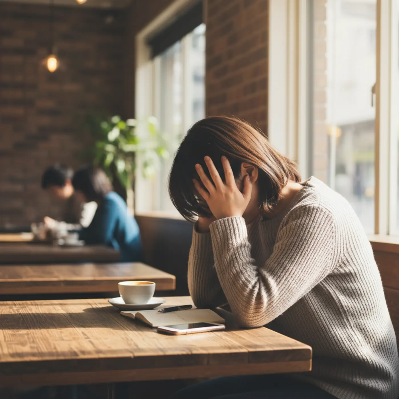 復縁活動に疲れ、カフェで一人うつむく女性。諦めるべきサインを見極め、自分のためのメンタルケアを始めることの大切さを表現した画像。