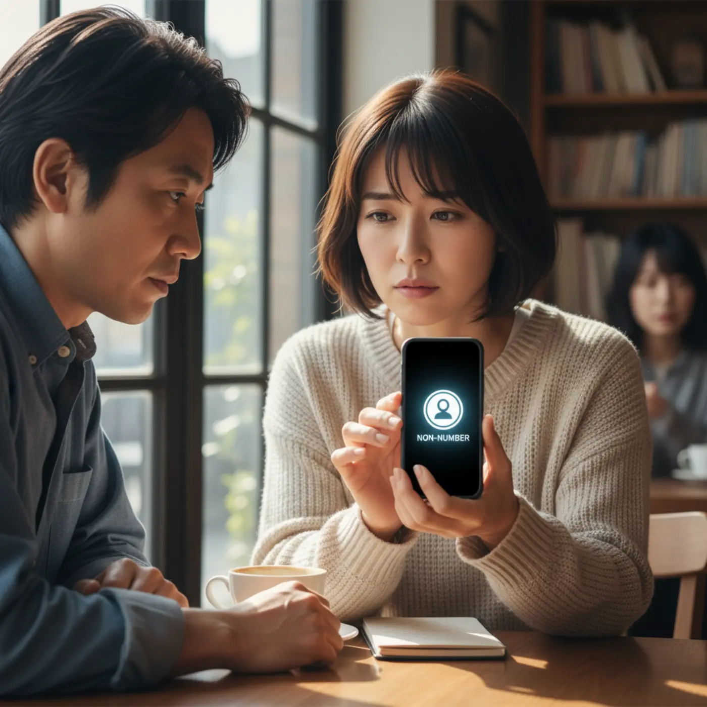 スマートフォンの画面に表示された非通知の文字を見つめ、元彼や元カノからの連絡かもしれないと動揺するイメージ。復縁のサインかを見極めるための相手の心理や、適切な対処法を紹介する記事のアイキャッチ。