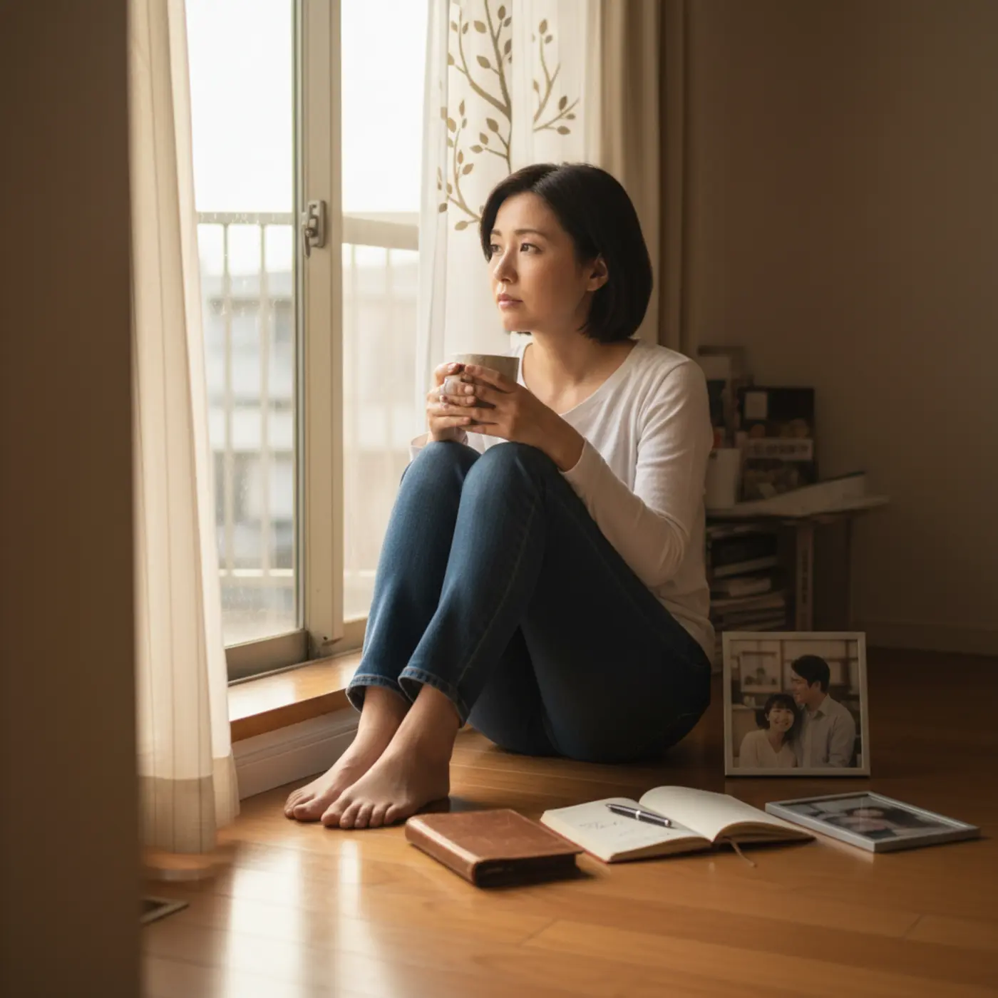 復縁を諦めるべきか、岐路に立ち一人で思い悩む女性のイラスト。過去の関係を断ち切って幸せになるための判断基準を模索している。