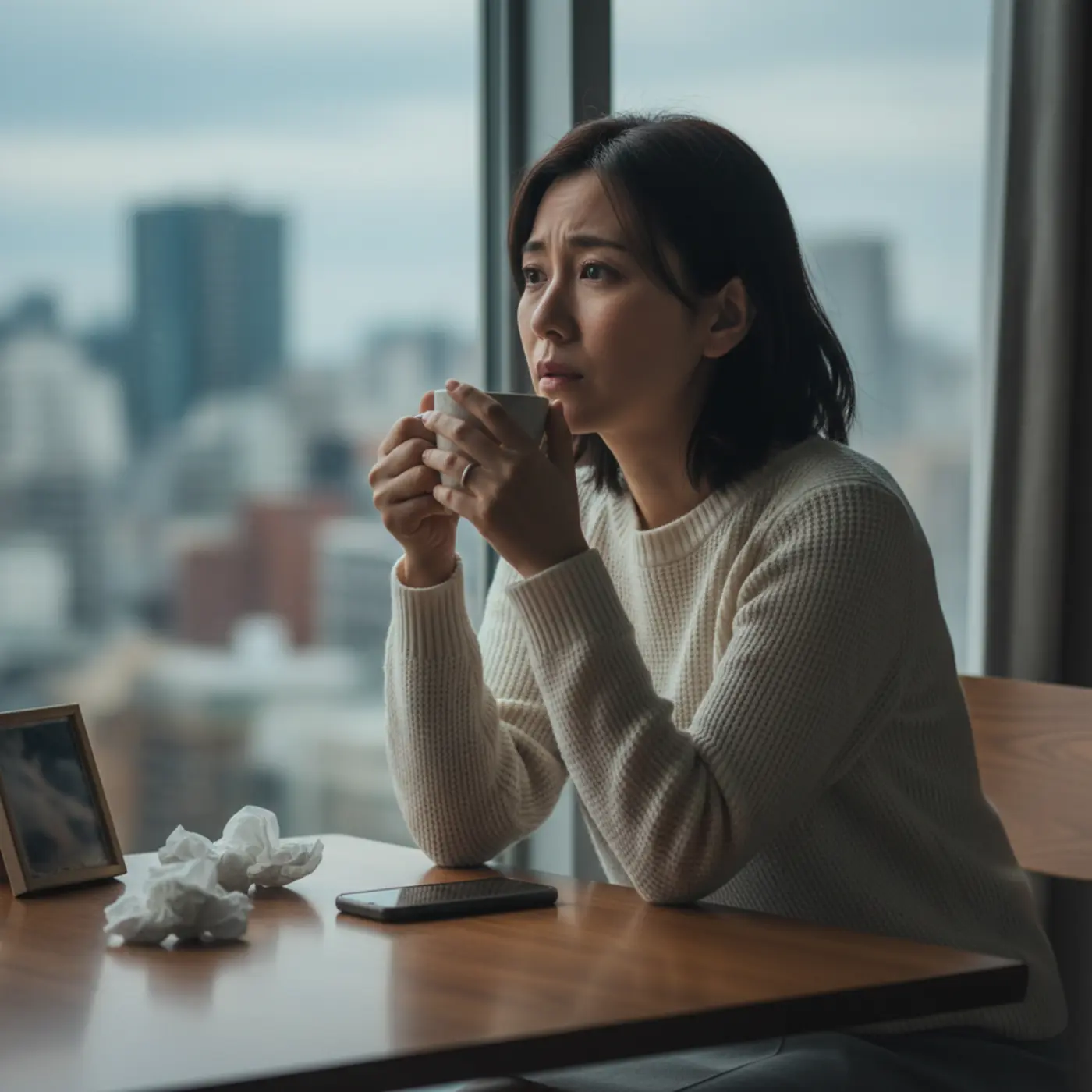 復縁がうまくいかない心理的な原因について考え込む女性のイラスト。寂しさや執着心と、別れたという厳しい現実とのギャップに悩んでいる様子。