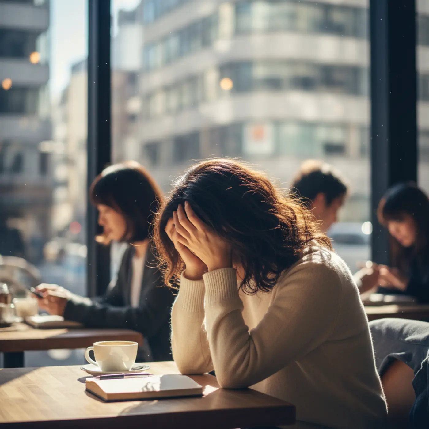 元恋人との復縁について悩む女性が頭を抱えているイラスト。恋愛心理学の観点から、復縁しない方がいい理由と脳の仕組みについて解説する記事のイメージ。