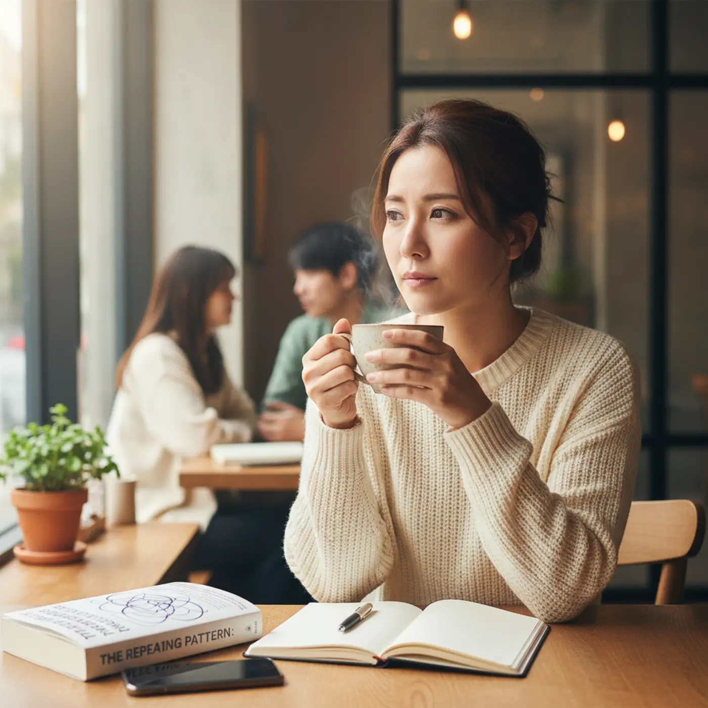 復縁がうまくいかない理由について悩む女性。心理学的な観点から繰り返す失敗の原因を理解し、自分が本当に幸せになるための決断をするヒントを探している様子。