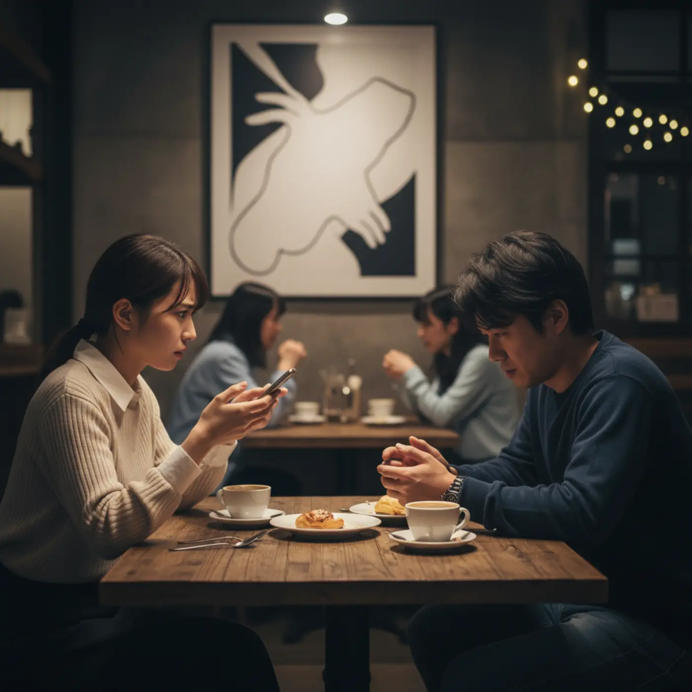 深刻な顔で話し合うカップルの男女。恋愛相談で話題になる、相手が引いてしまうNGな言葉や自分本位な態度を象徴する画像。