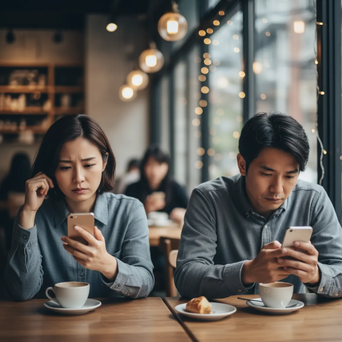 復縁を願うあまり、良かれと思ってやってしまうNG行動のイメージ画像。不安から恋人にしつこく連絡してしまい、相手を遠ざけてしまう男女のすれ違いを悲しい表情で表現している。